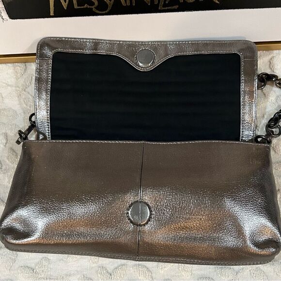 Calvin Klein Silver Metallic Leather Woven Chain Shoulder Bag Clutch Pochette - Picture 8 of 13